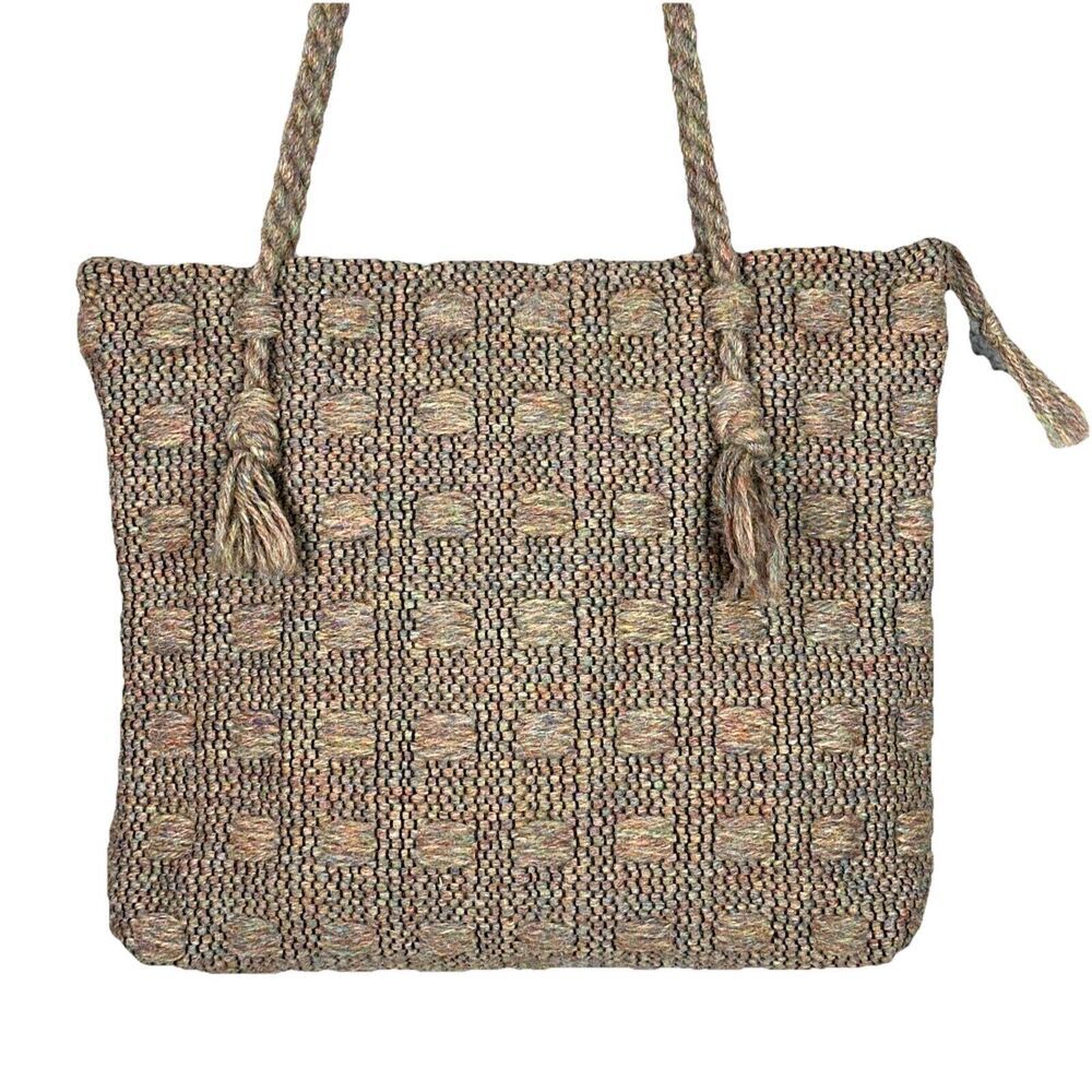 Handmade Boho Wool Knit Shoulder Bag Brown Woven Cottagecore Tote Tassels Boho